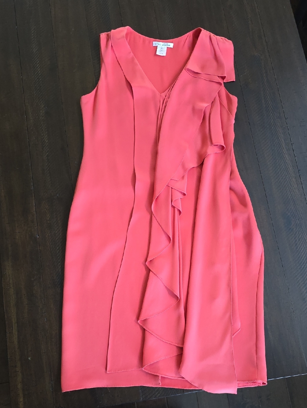 Oscar De La Renta Sleeveless Draped Front 100% Silk Sheath Dress Pink Salmon, 10